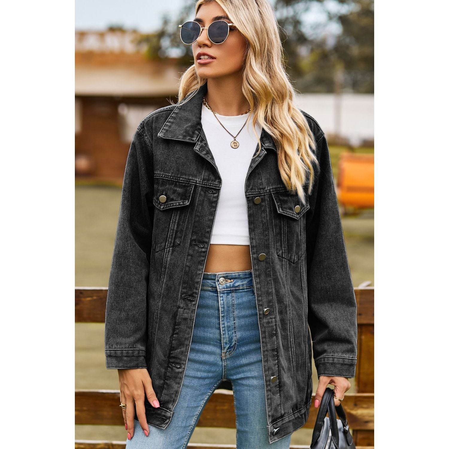 Buttoned Collared Neck Denim Jacket with Pockets - TiffanyzKlozet