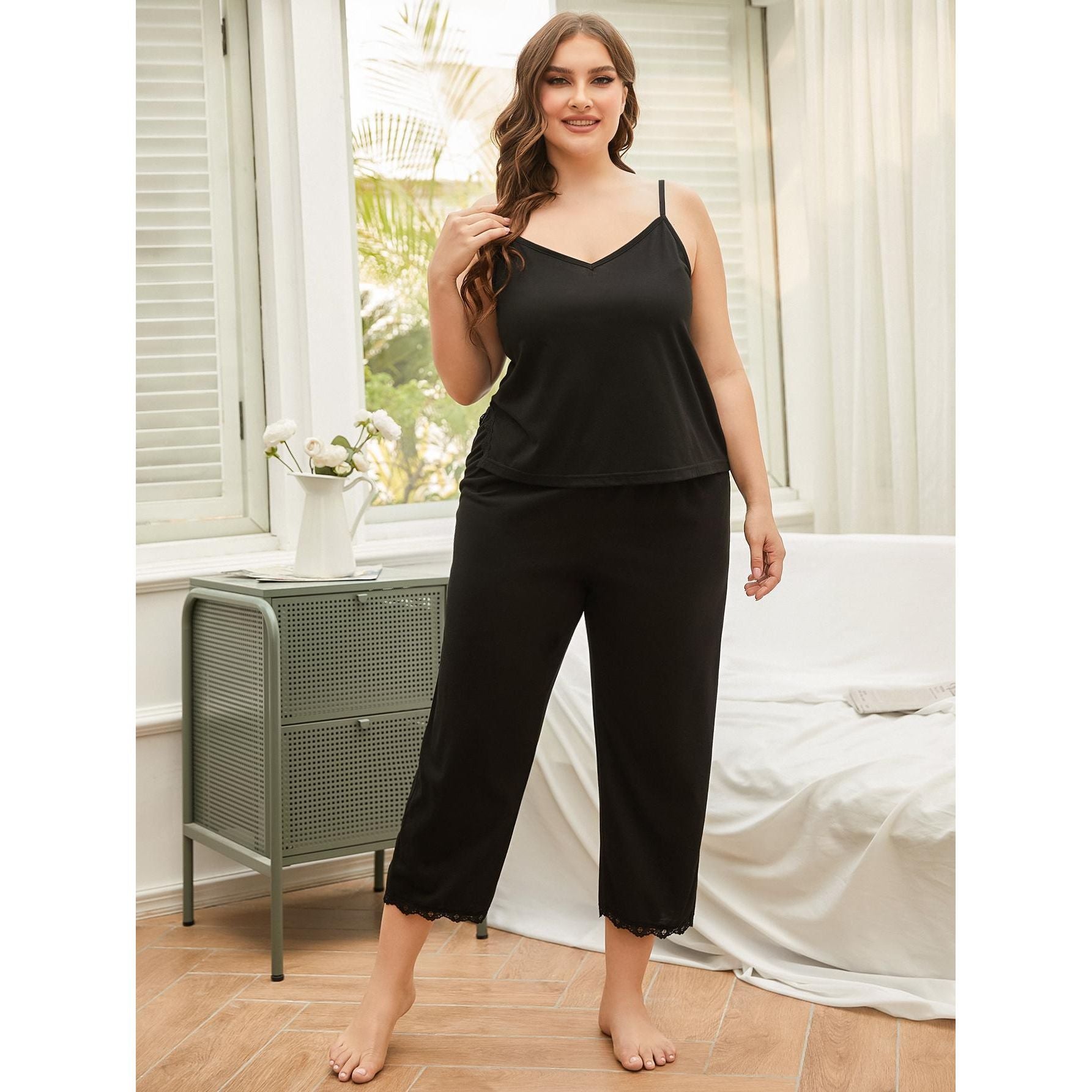 Plus Size Lace Trim Slit Cami and Pants Pajama Set - TiffanyzKlozet