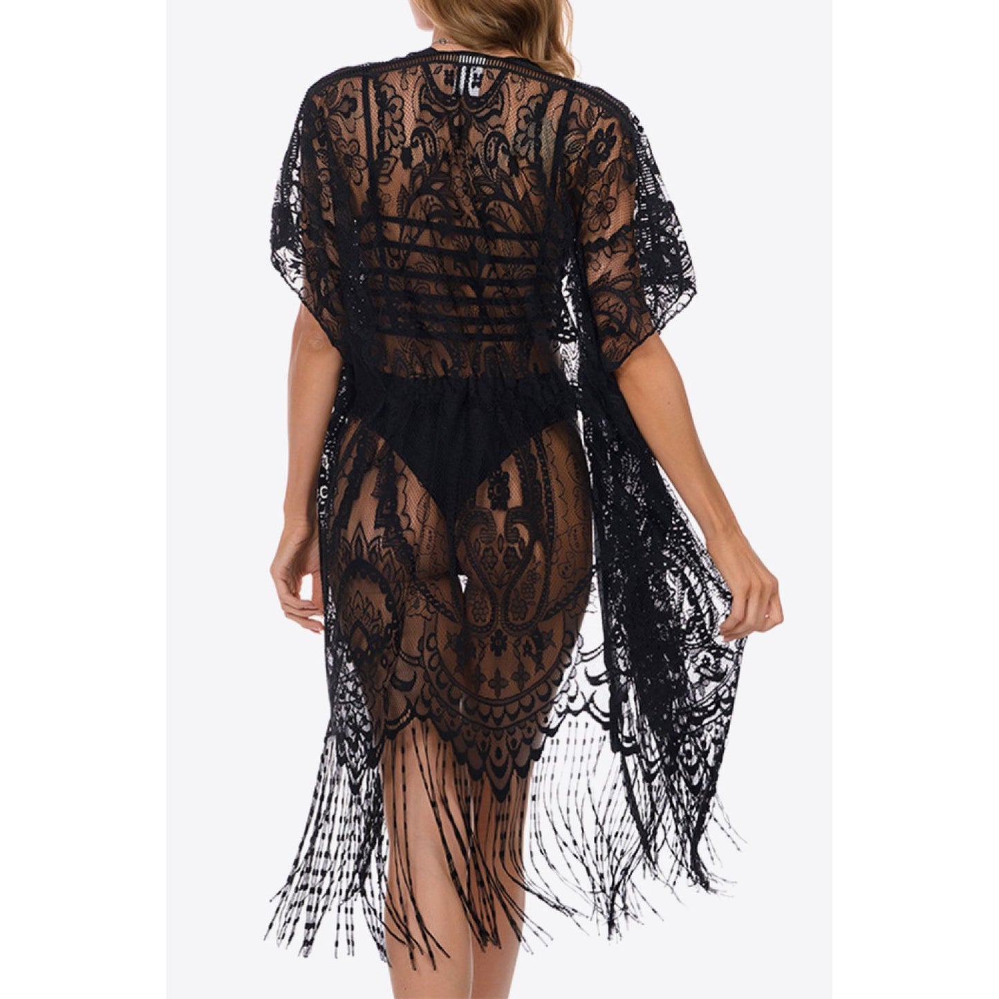 Fringe Trim Lace Cover-Up Dress - TiffanyzKlozet