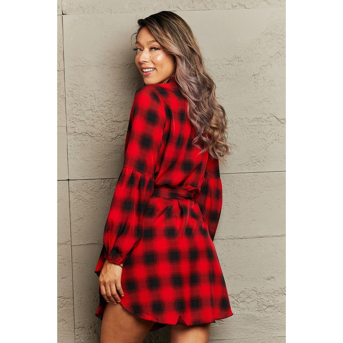 Plaid Tie Waist Balloon Sleeve Mini Dress - TiffanyzKlozet