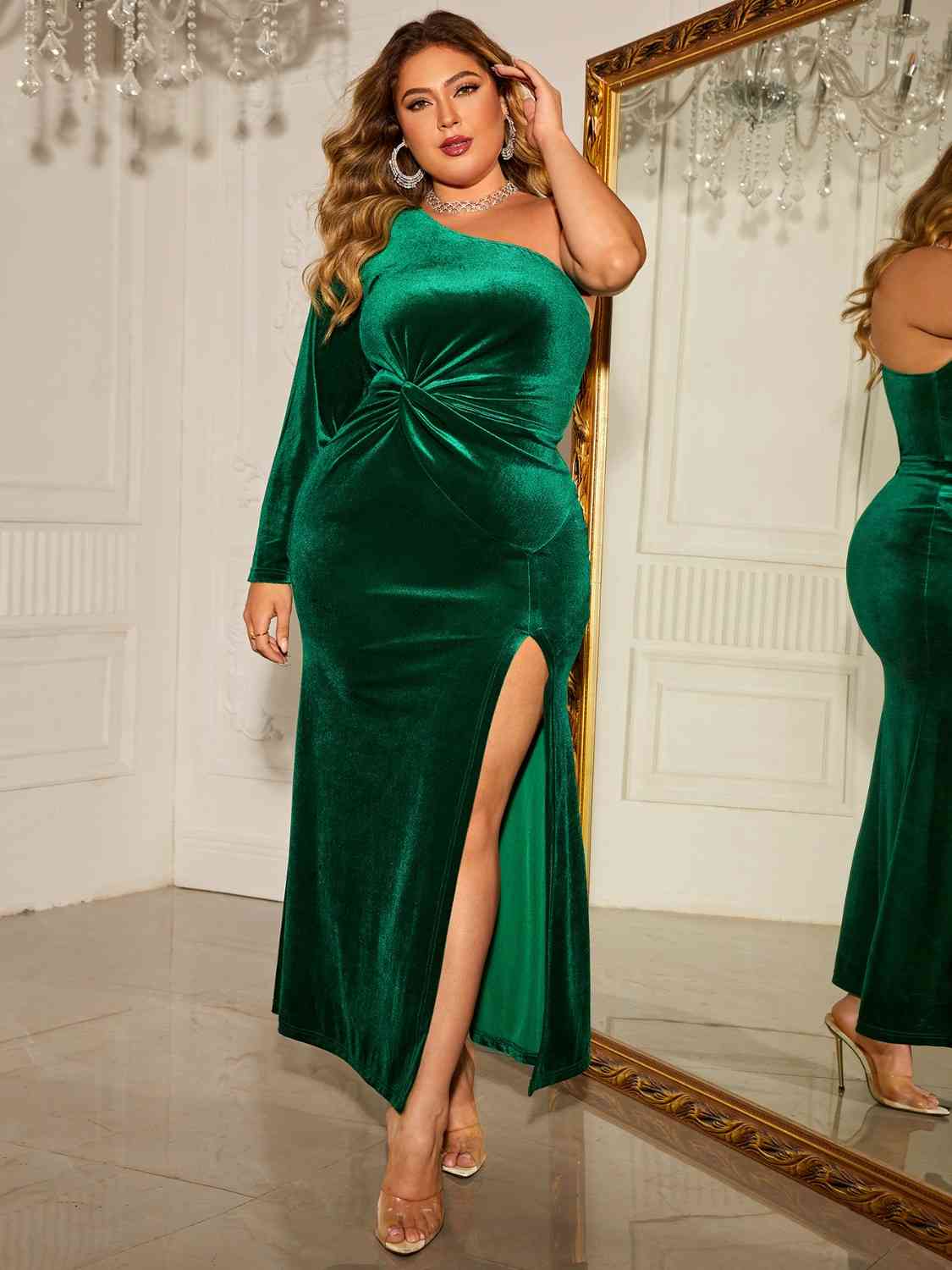 Plus Size One-Shoulder Twisted Split Dress - TiffanyzKlozet