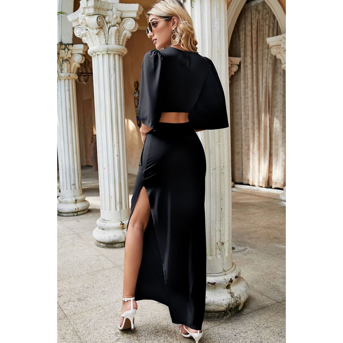 Cutout Split Puff Sleeve Maxi Dress - TiffanyzKlozet