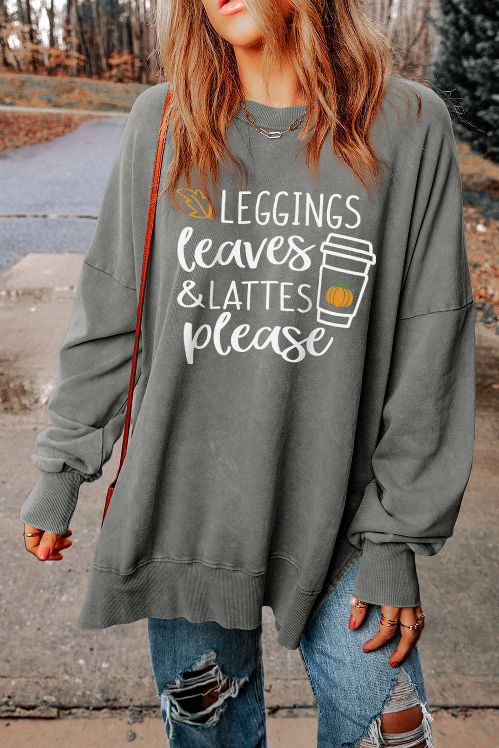 Round Neck Dropped Shoulder LEGGINGS LEAVES LATTES PLEASE Graphic Sweatshirt - TiffanyzKlozet