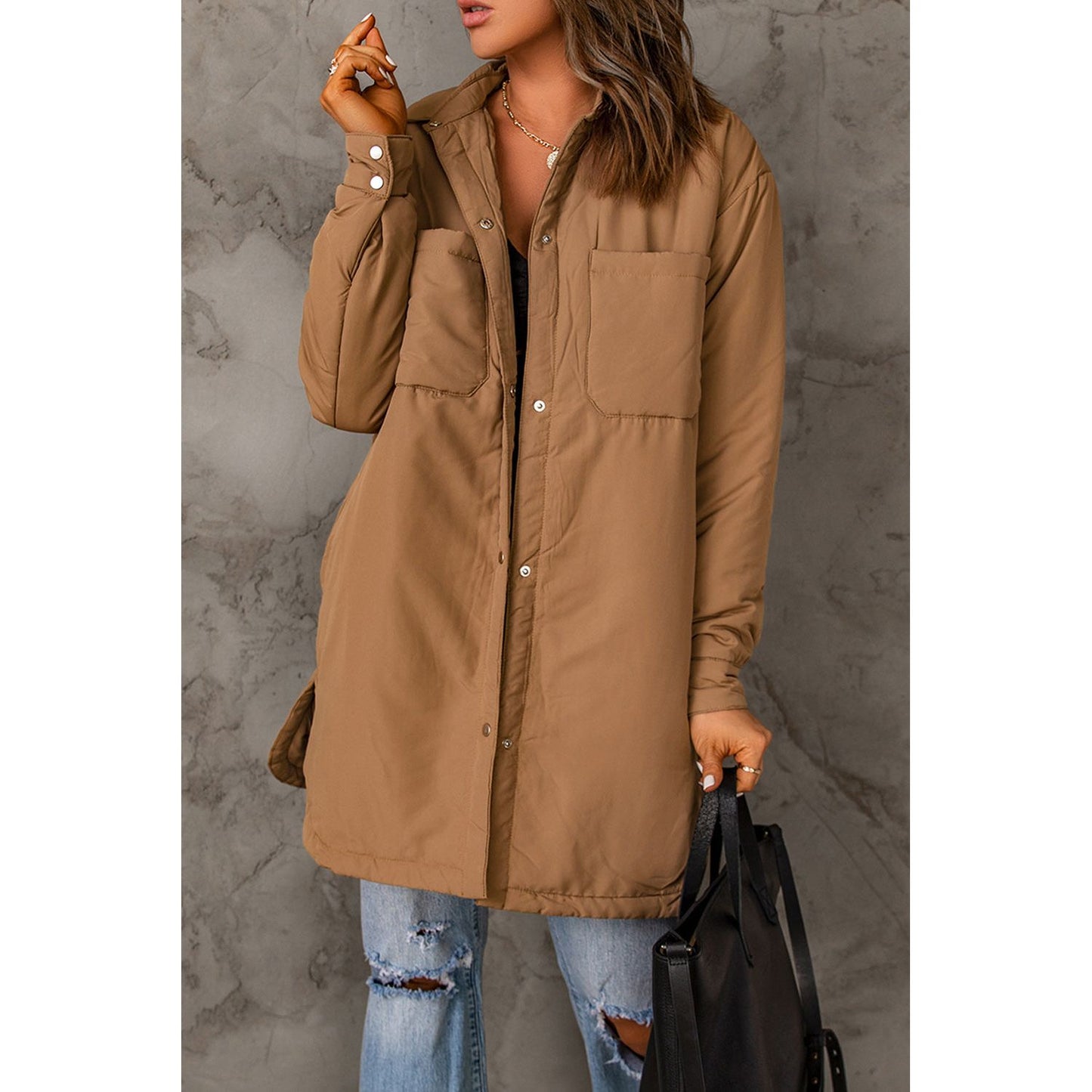 Snap Down Side Slit Jacket with Pockets - TiffanyzKlozet