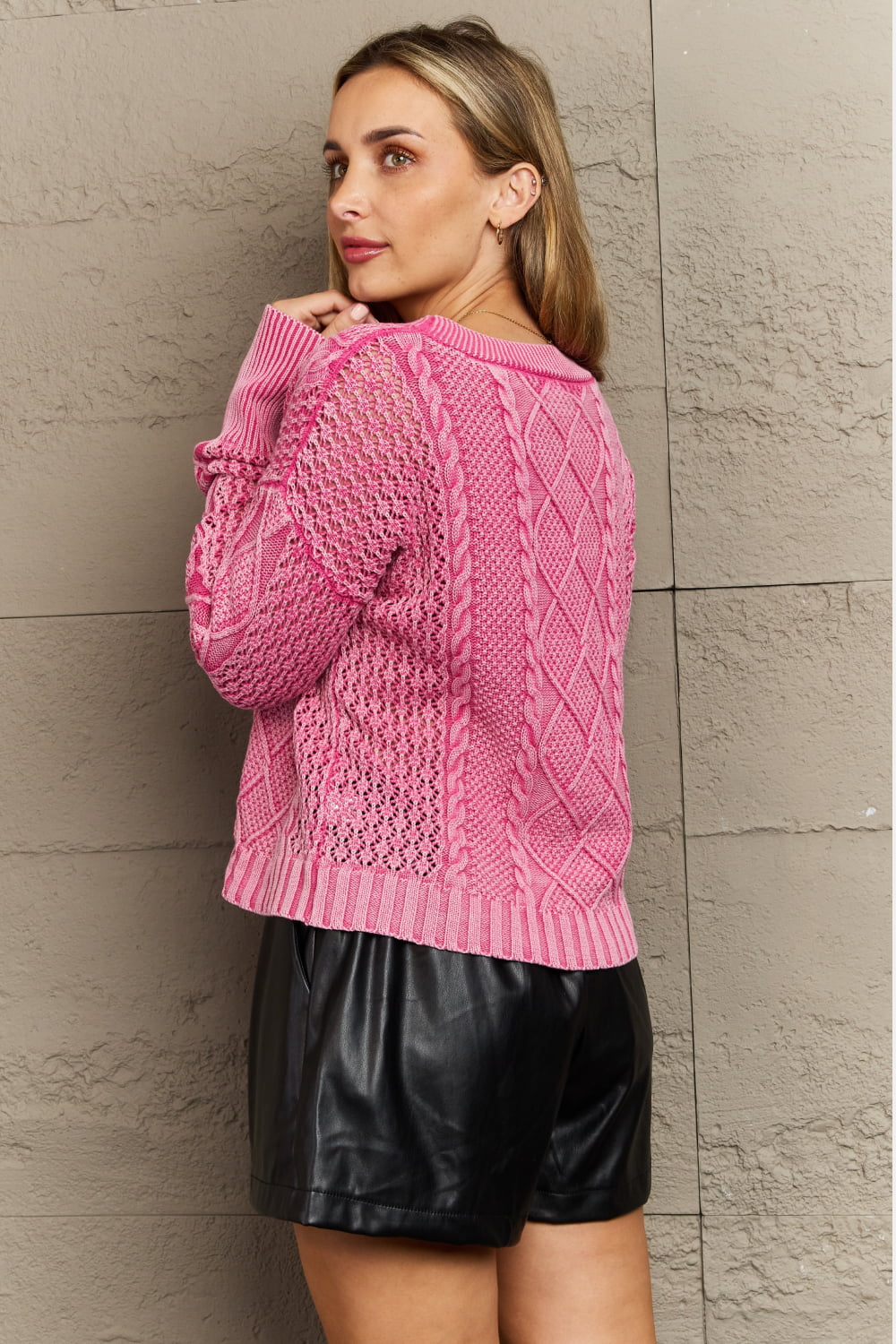 HEYSON Soft Focus Full Size Wash Cable Knit Cardigan in Fuchsia - TiffanyzKlozet
