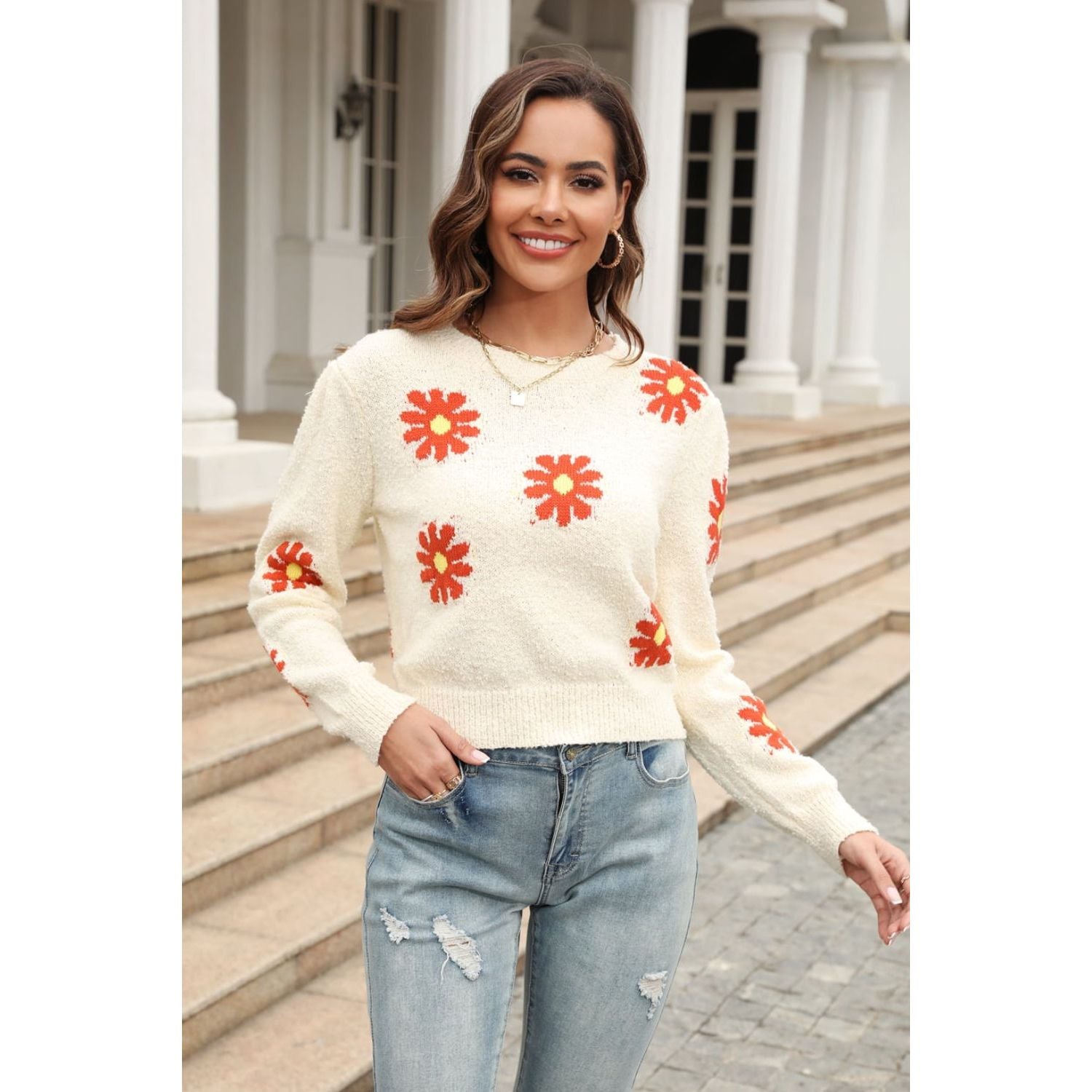 Flower Pattern Round Neck Short Sleeve Pullover Sweater - TiffanyzKlozet