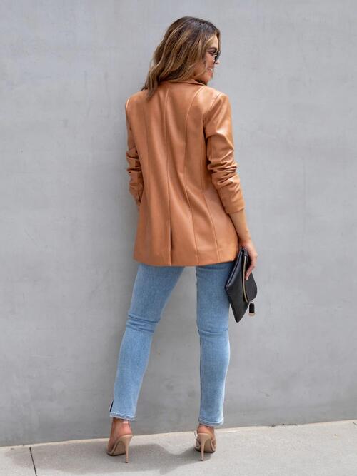 Faux Leather Button Up Long Sleeve Blazer - TiffanyzKlozet