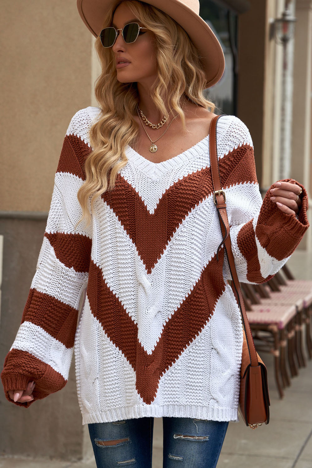 Woven Right Chevron Cable-Knit V-Neck Tunic Sweater - TiffanyzKlozet