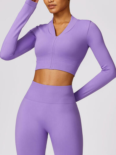 Zip Up Baseball Collar Long Sleeve Active Outerwear - TiffanyzKlozet