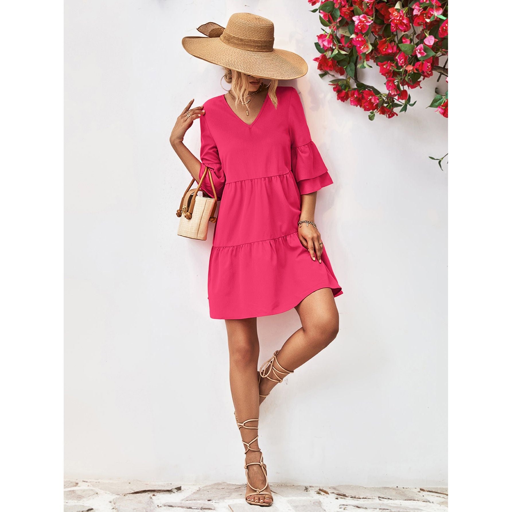 V-Neck Flare Sleeve Mini Dress - TiffanyzKlozet