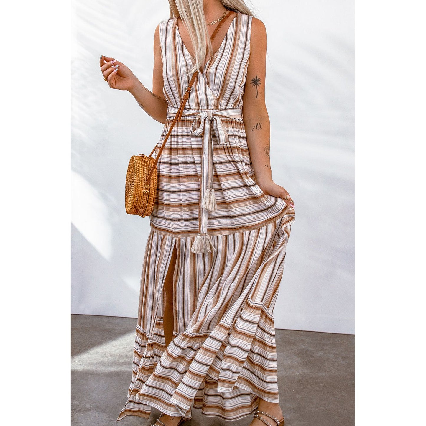 Striped Tie Waist Slit Sleeveless Dress - TiffanyzKlozet