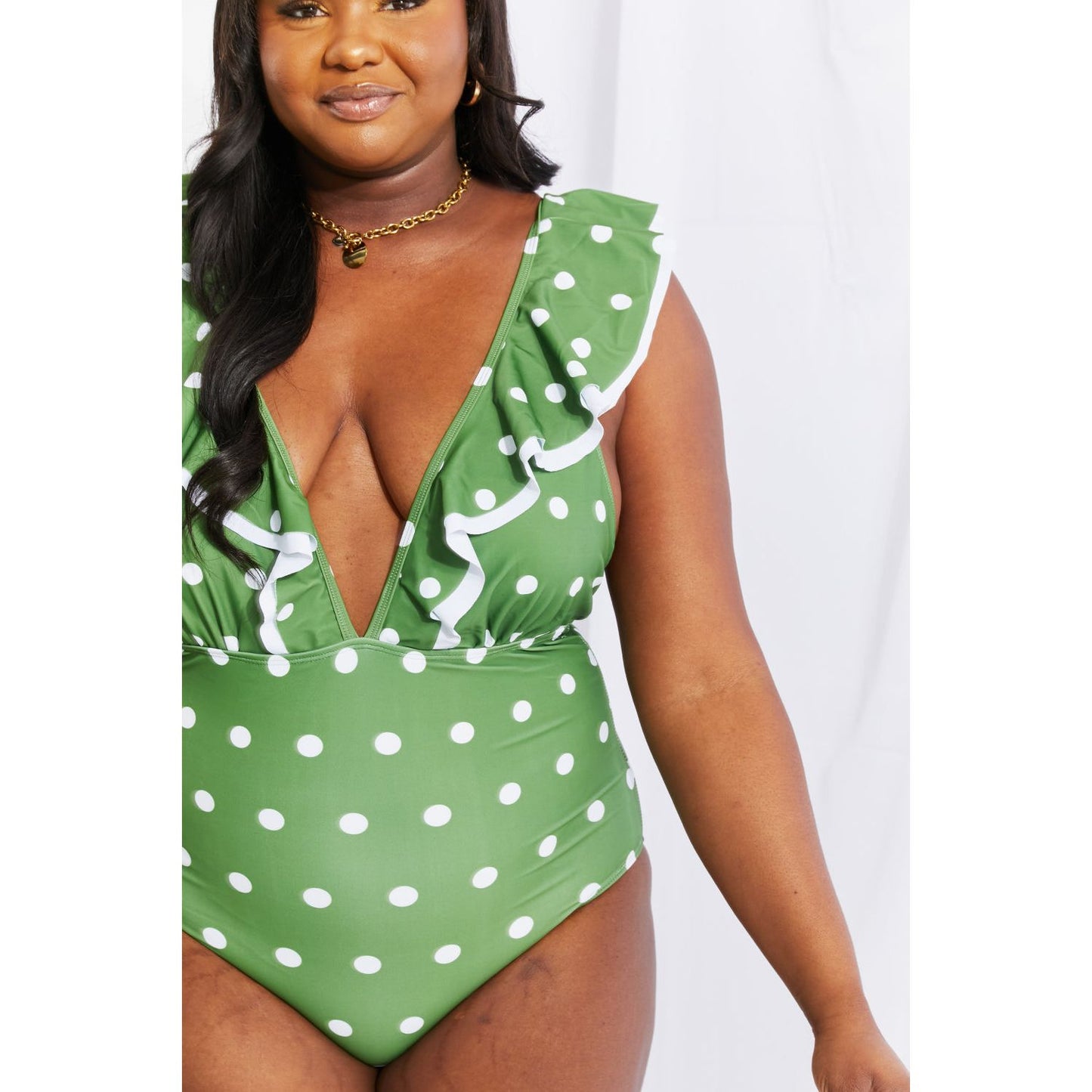 Marina West Swim Moonlit Dip Ruffle Plunge Swimsuit in Mid Green - TiffanyzKlozet