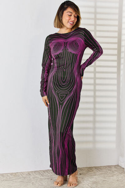 Cutout Round Neck Long Sleeve Maxi Dress - TiffanyzKlozet