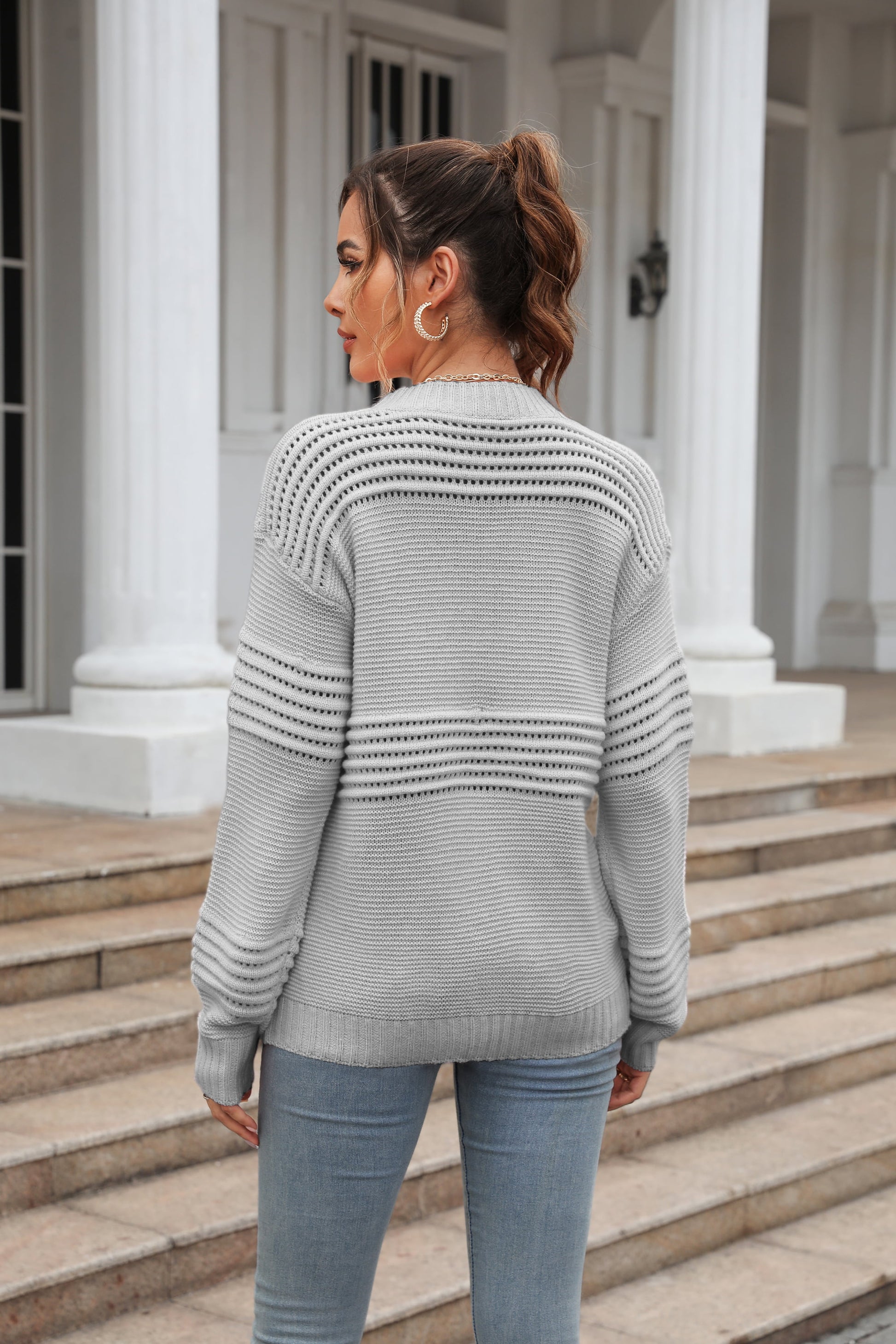 Round Neck Openwork Long Sleeve Pullover Sweater - TiffanyzKlozet