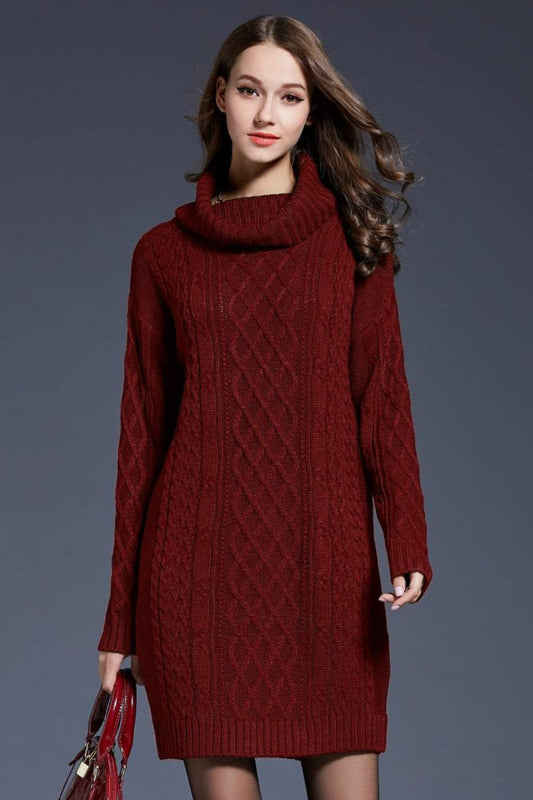 Woven Right Full Size Mixed Knit Cowl Neck Dropped Shoulder Sweater Dress - TiffanyzKlozet