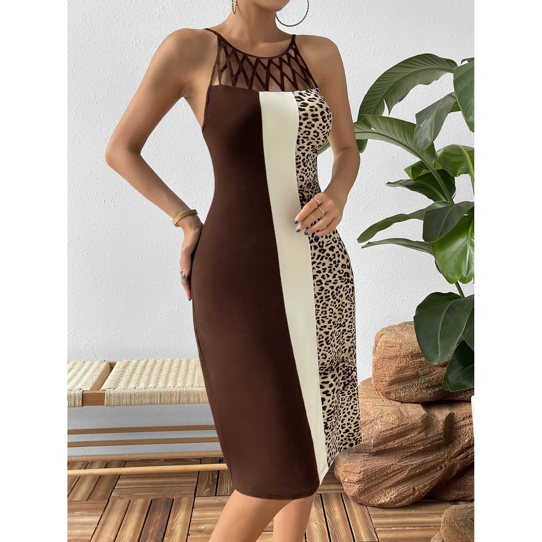 Leopard Color Block Cutout Sleeveless Knee-Length Dress - TiffanyzKlozet