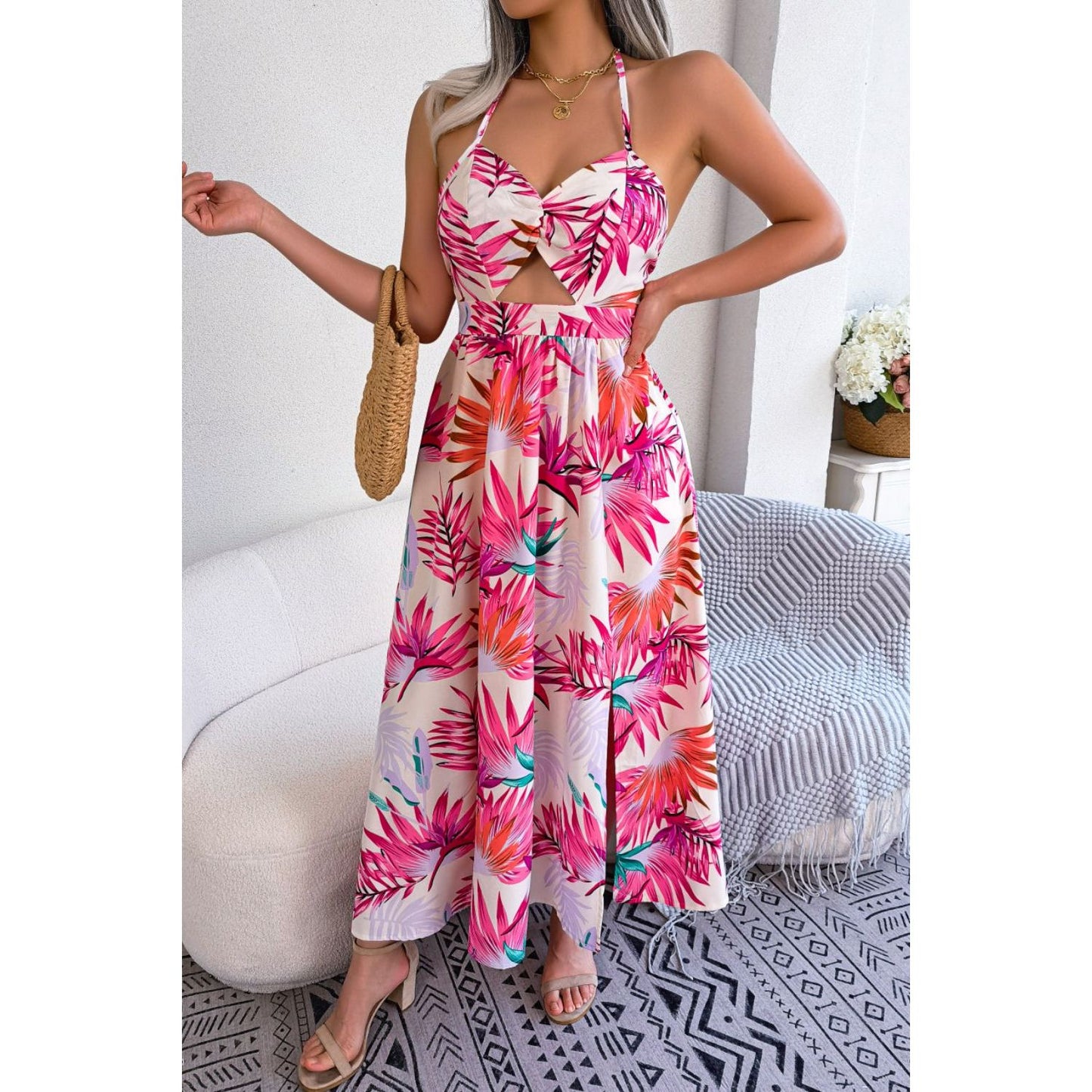 Botanical Print Tied Backless Cutout Slit Dress - TiffanyzKlozet