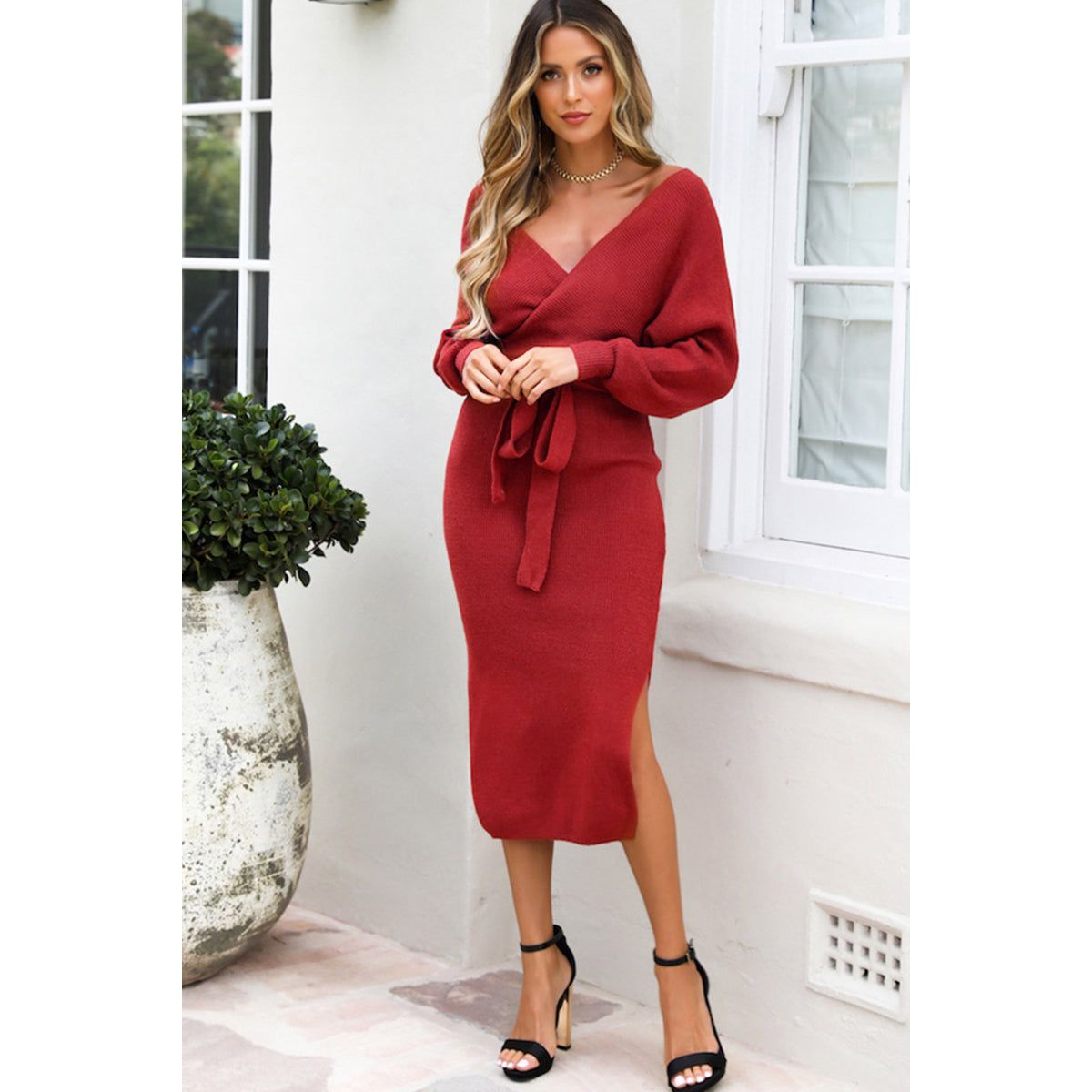 Surplice Neck Bow Waist Slit Sweater Dress - TiffanyzKlozet