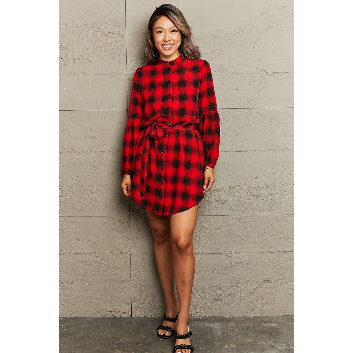 Plaid Tie Waist Balloon Sleeve Mini Dress - TiffanyzKlozet