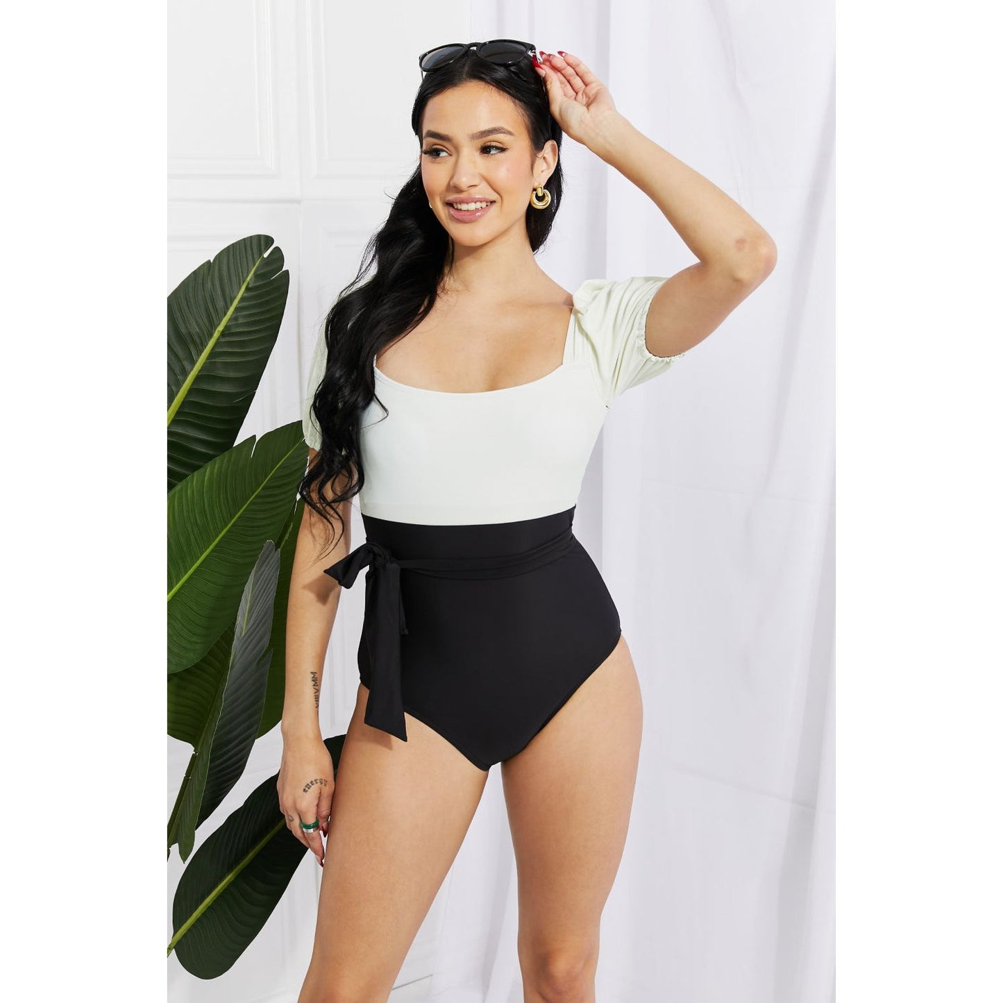 Marina West Swim Salty Air Puff Sleeve One-Piece in Cream/Black - TiffanyzKlozet