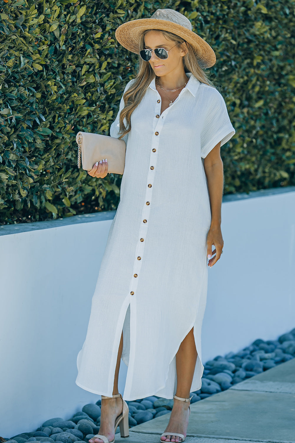 Textured Button Down Slit Shirt Dress - TiffanyzKlozet