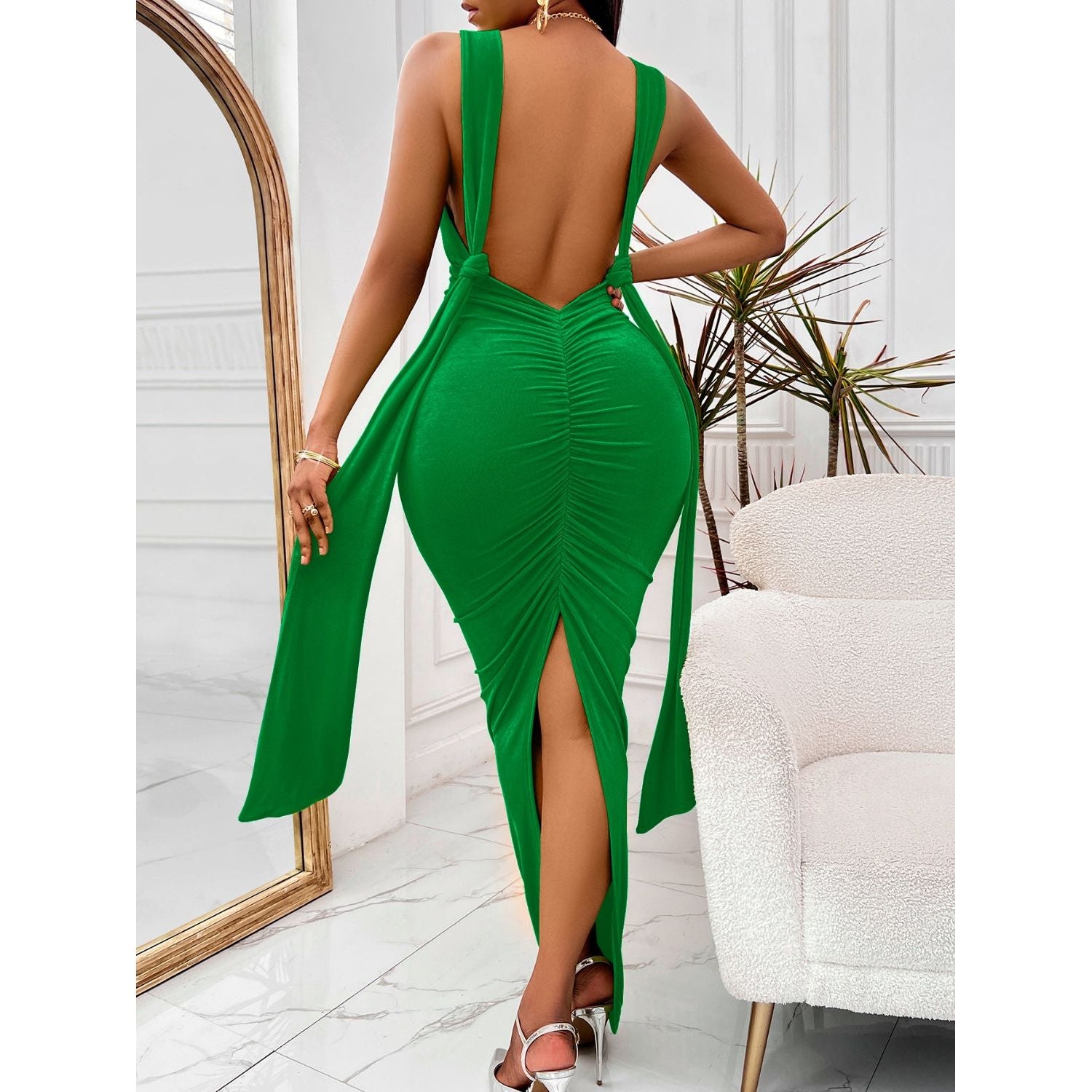 Backless Ruched Slit Maxi Dress - TiffanyzKlozet