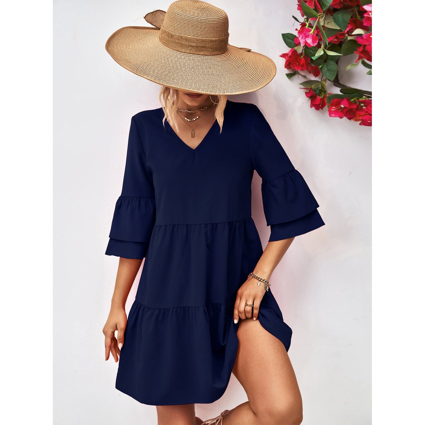 V-Neck Flare Sleeve Mini Dress - TiffanyzKlozet