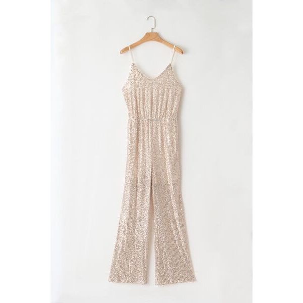 Sequin Spaghetti Strap Wide Leg Jumpsuit - TiffanyzKlozet