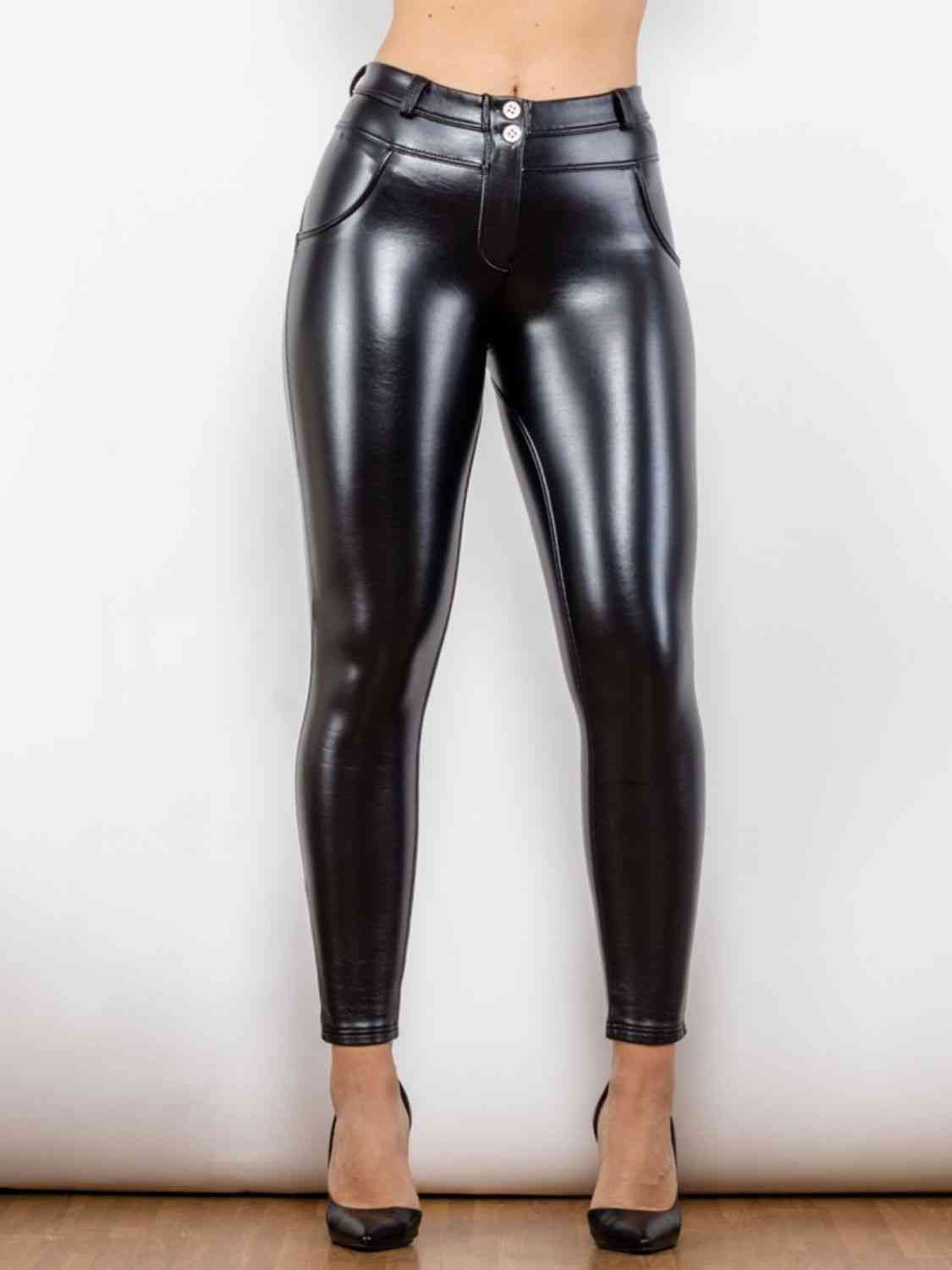 Glossy PU Leather Buttoned Long Pants - TiffanyzKlozet