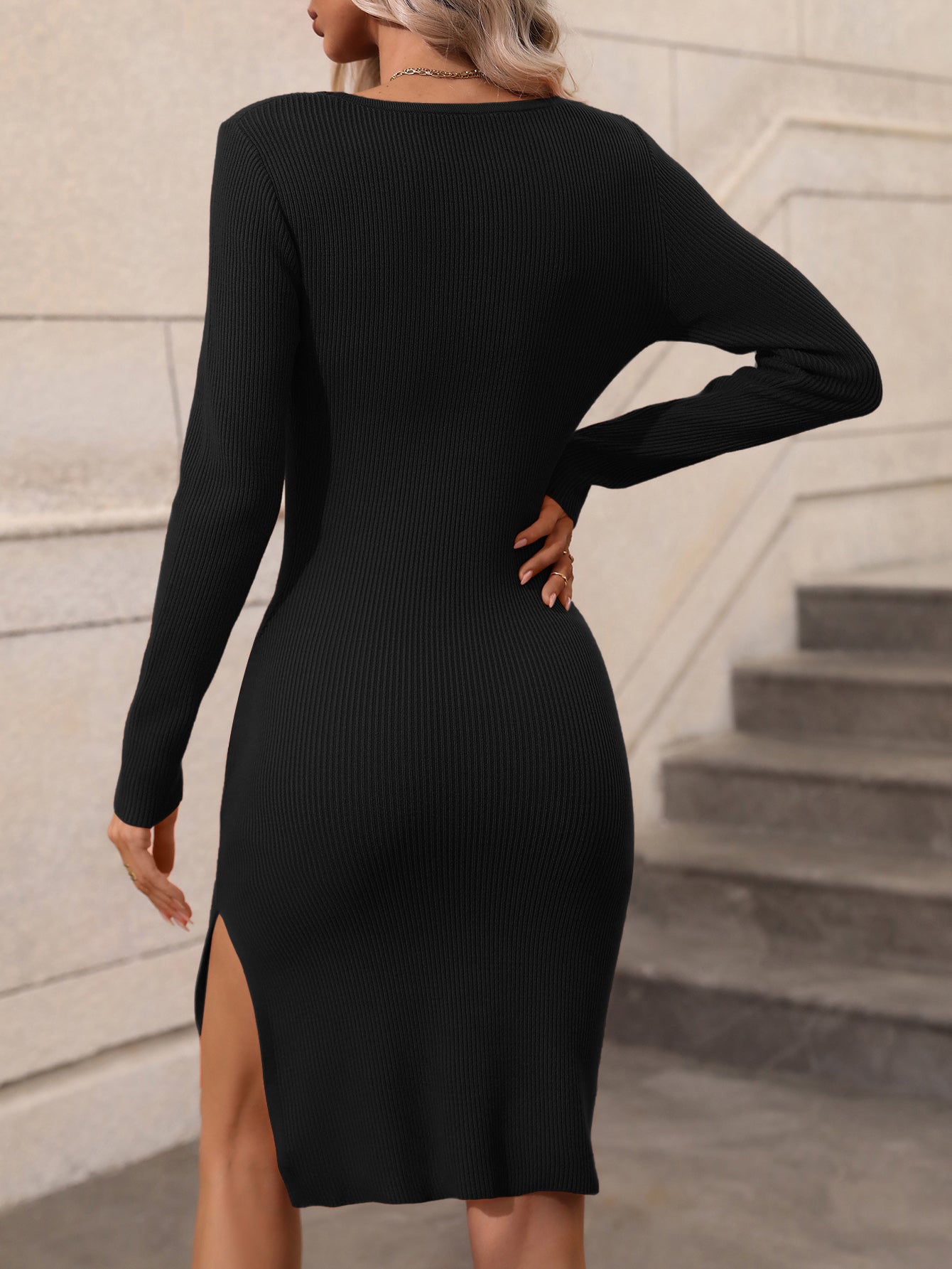 Woven Right Contrast Slit Sweater Dress - TiffanyzKlozet