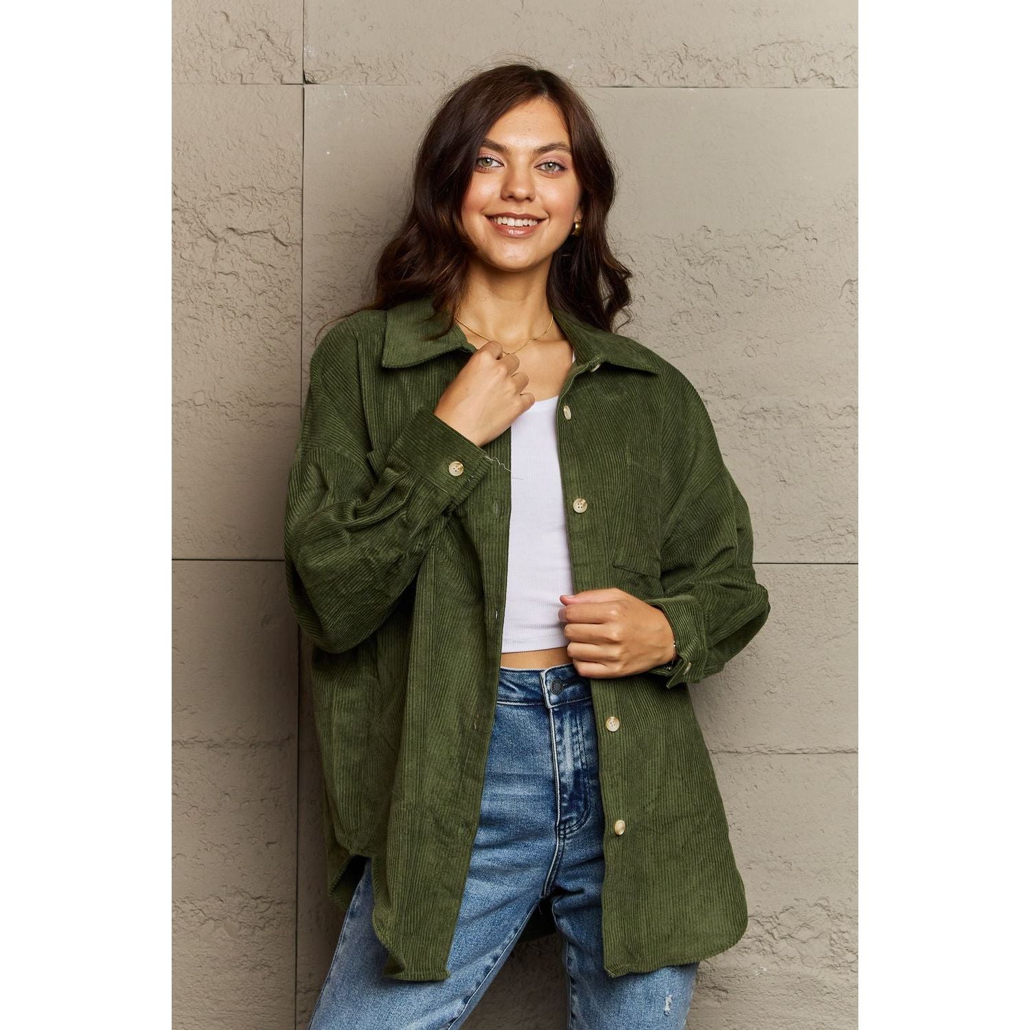 Ninexis Collared Neck Dropped Shoulder Button-Down Jacket - TiffanyzKlozet