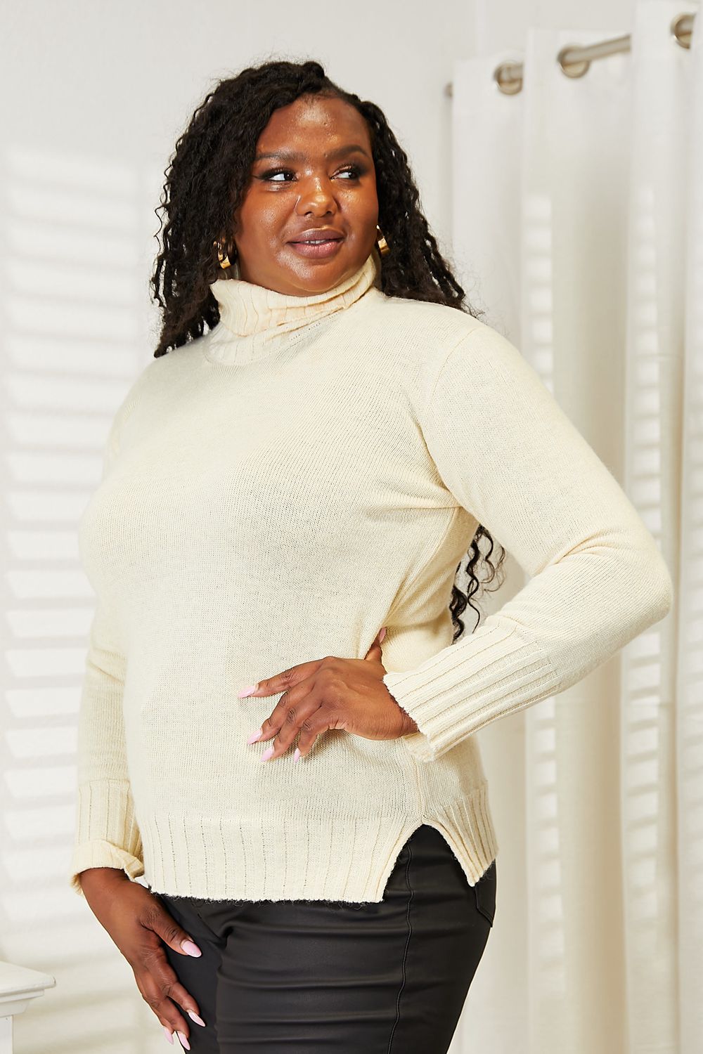 Heimish Full Size Long Sleeve Turtleneck Sweater with Side Slit - TiffanyzKlozet