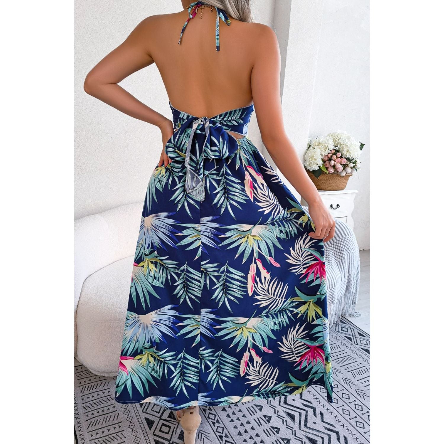 Botanical Print Tied Backless Cutout Slit Dress - TiffanyzKlozet