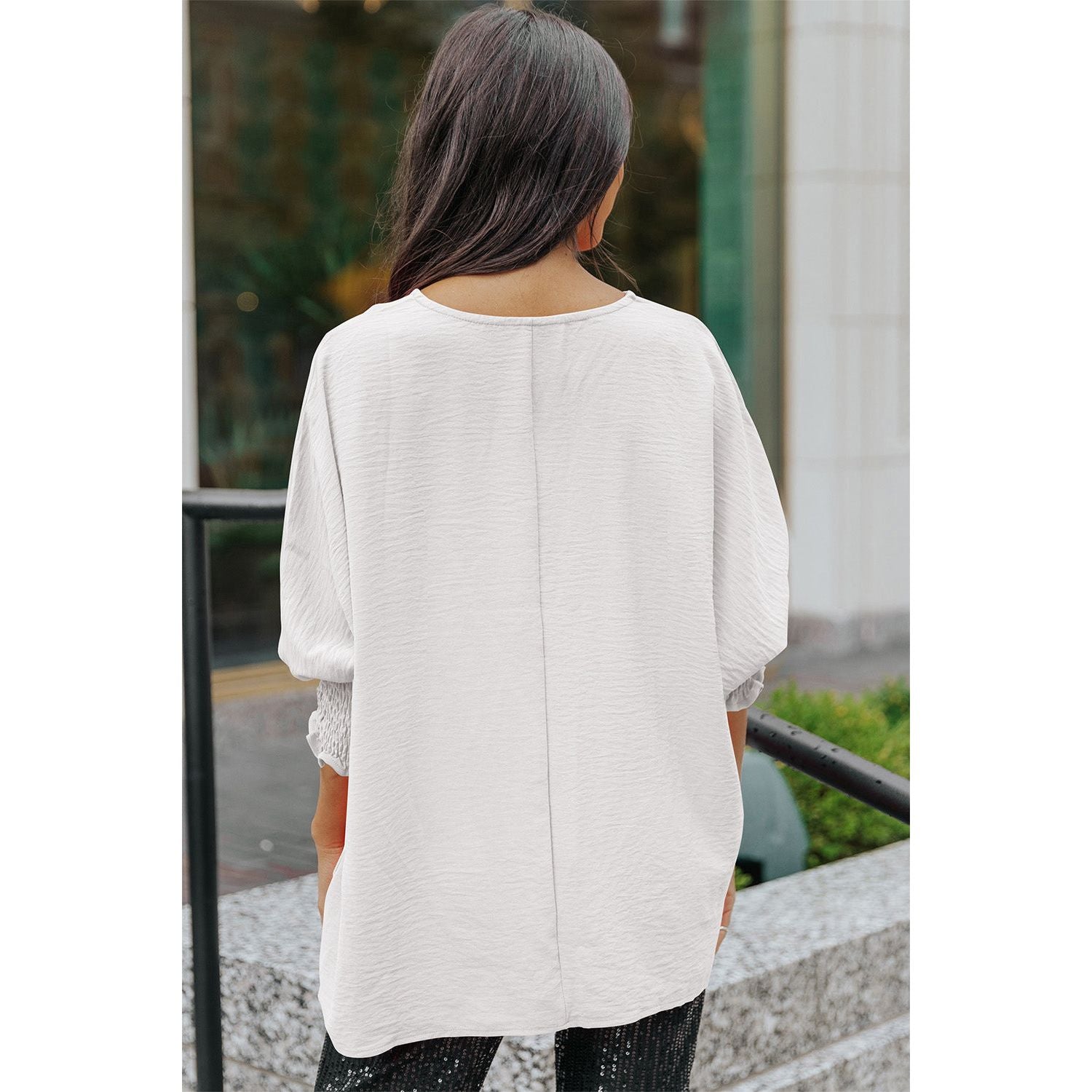 Round Neck Dolman Sleeve Textured Blouse - TiffanyzKlozet