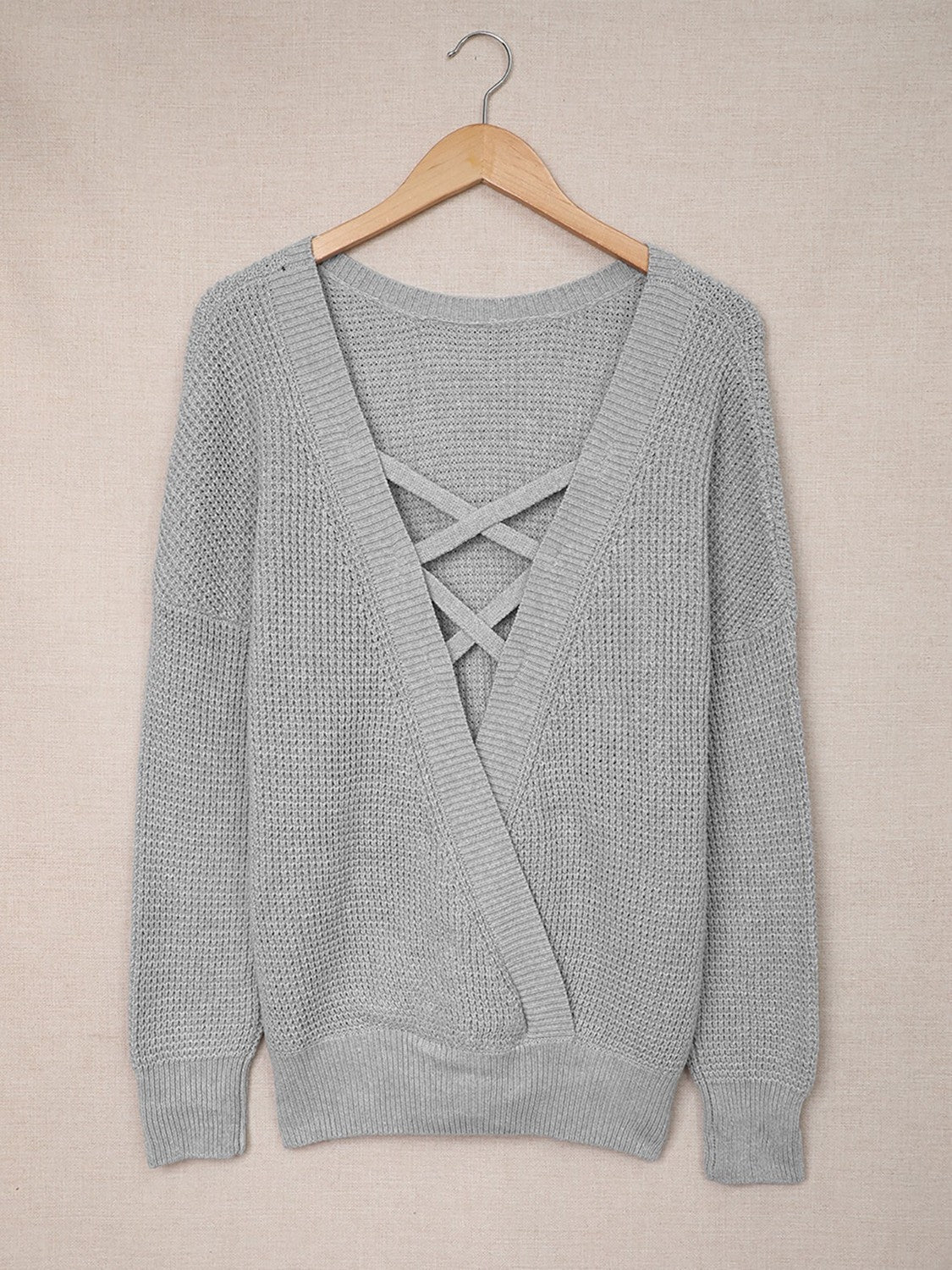 Woven Right Crisscross Back Waffle-Knit Sweater - TiffanyzKlozet