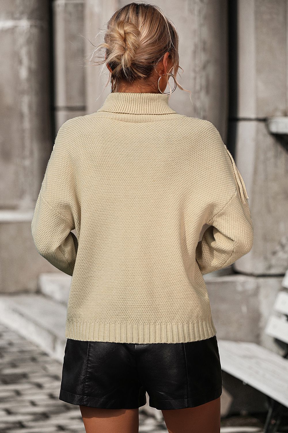 Turtle Neck Tassel Front Long Sleeve Pullover Sweater - TiffanyzKlozet