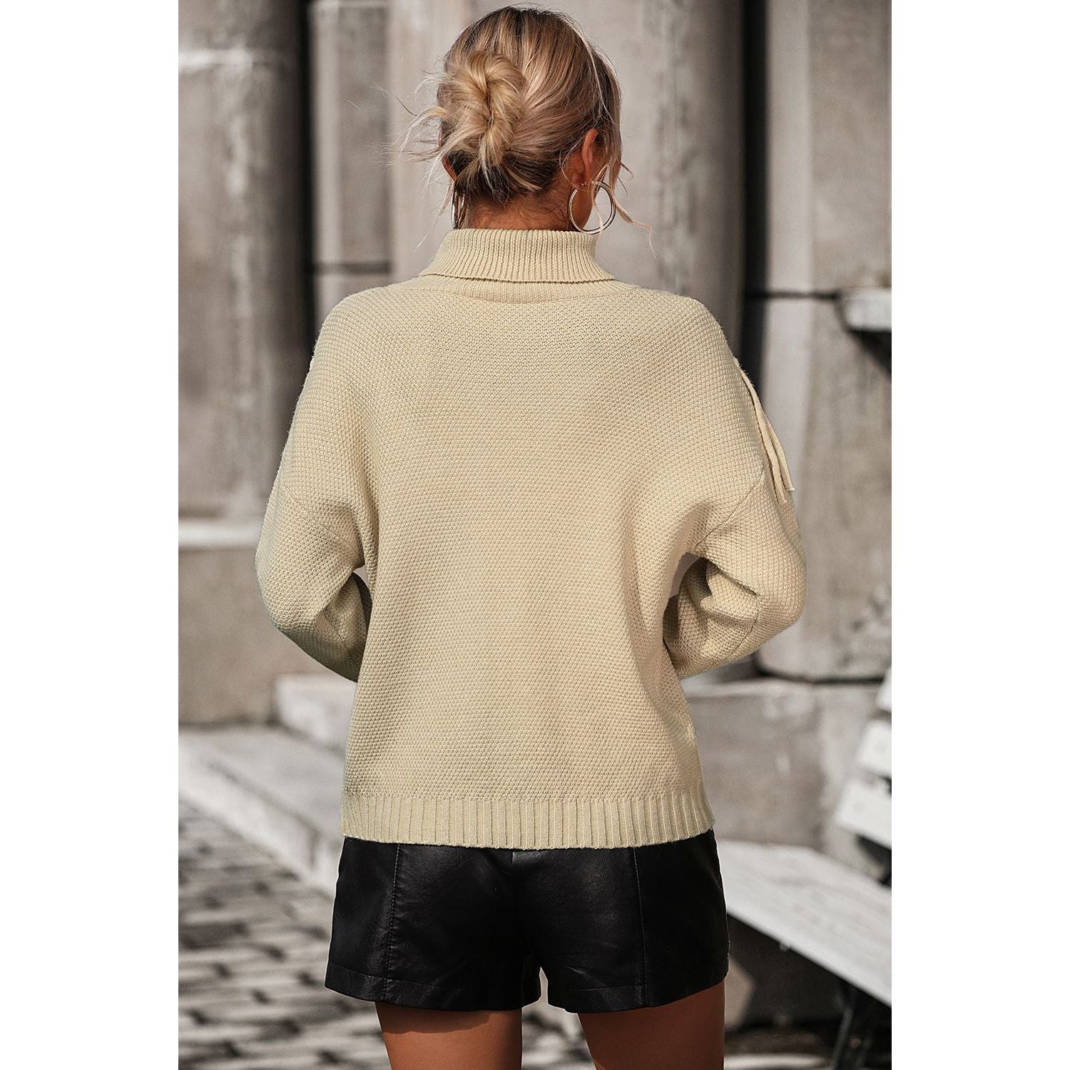 Turtle Neck Tassel Front Long Sleeve Pullover Sweater - TiffanyzKlozet