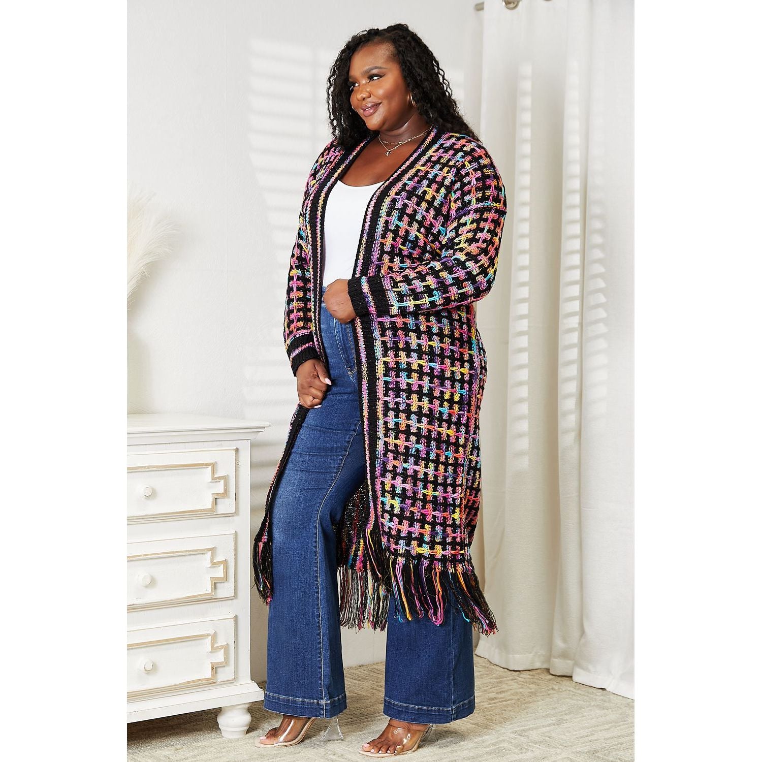 Double Take Full Size Multicolored Open Front Fringe Hem Cardigan - TiffanyzKlozet