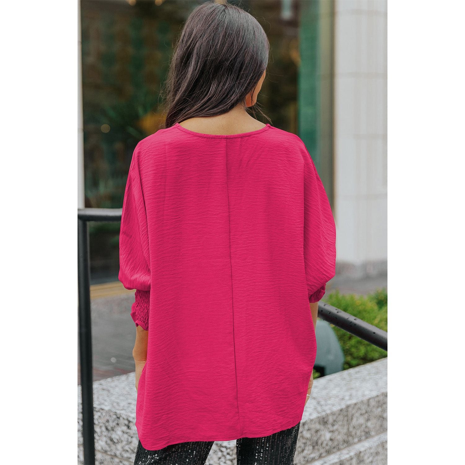 Round Neck Dolman Sleeve Textured Blouse - TiffanyzKlozet