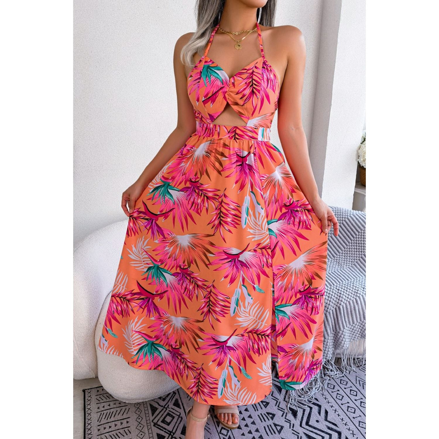 Botanical Print Tied Backless Cutout Slit Dress - TiffanyzKlozet