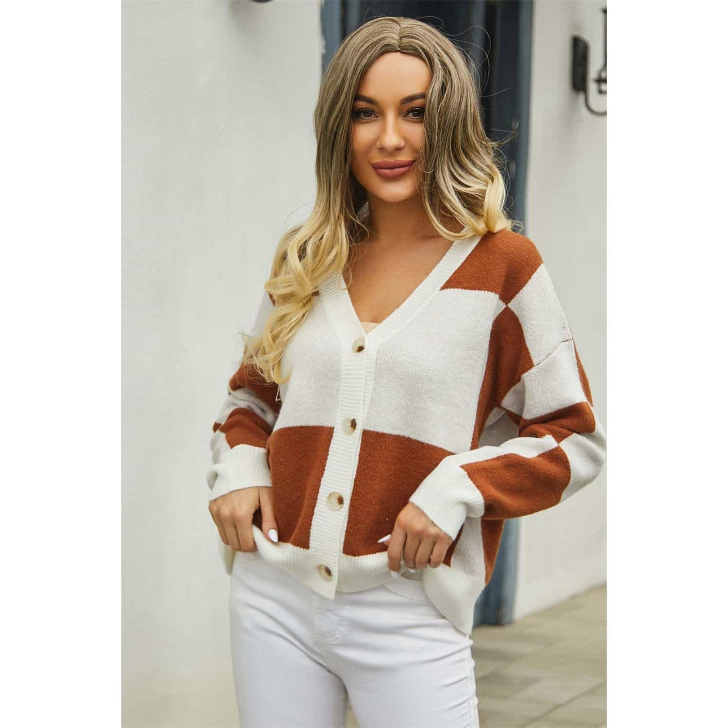 Plaid V-Neck Dropped Shoulder Cardigan - TiffanyzKlozet