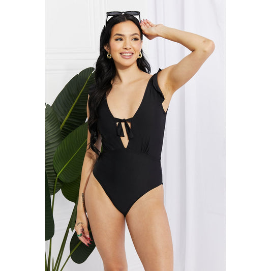 Marina West Swim Seashell Ruffle Sleeve One-Piece in Black - TiffanyzKlozet