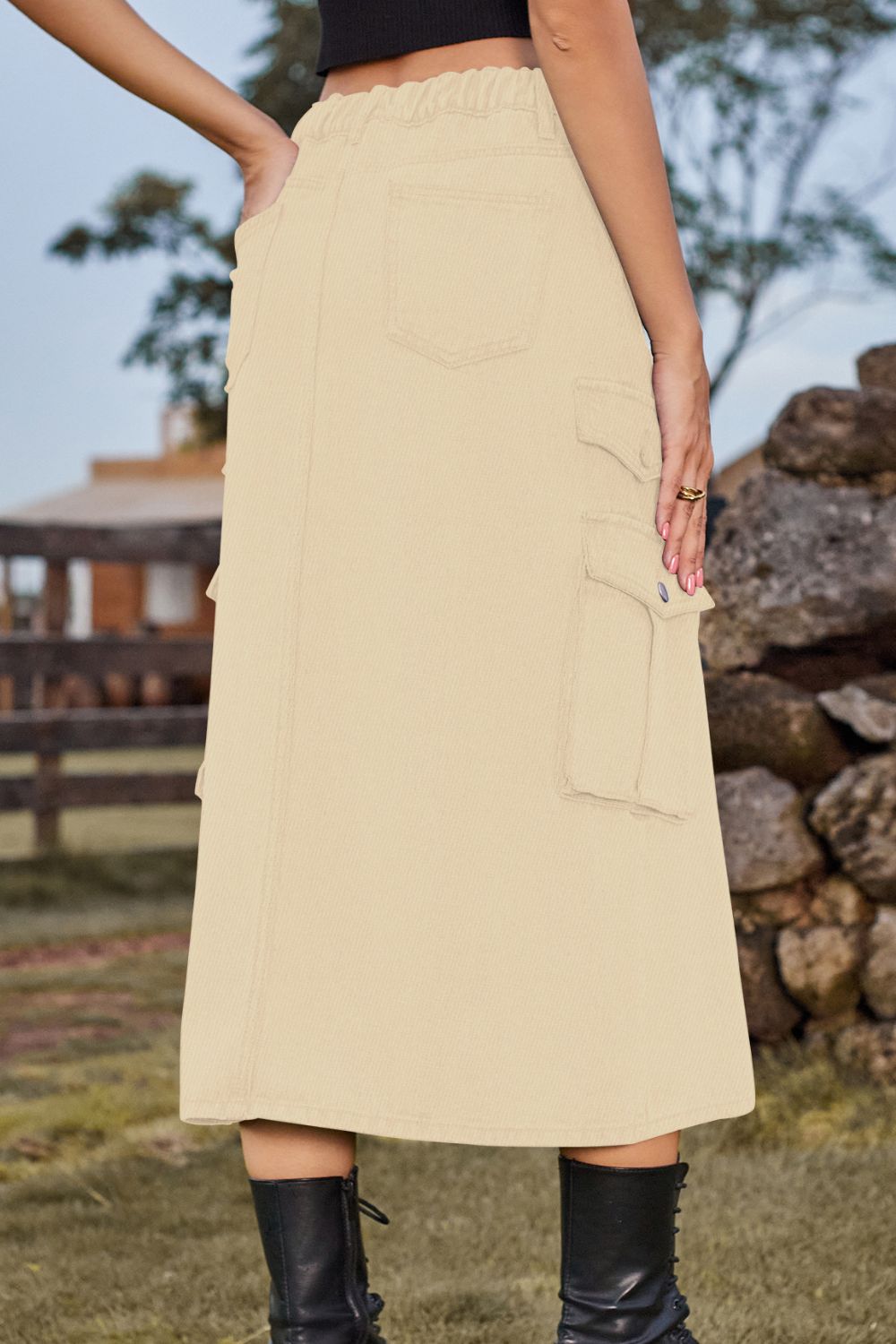 Slit Front Midi Denim Skirt with Pockets - TiffanyzKlozet