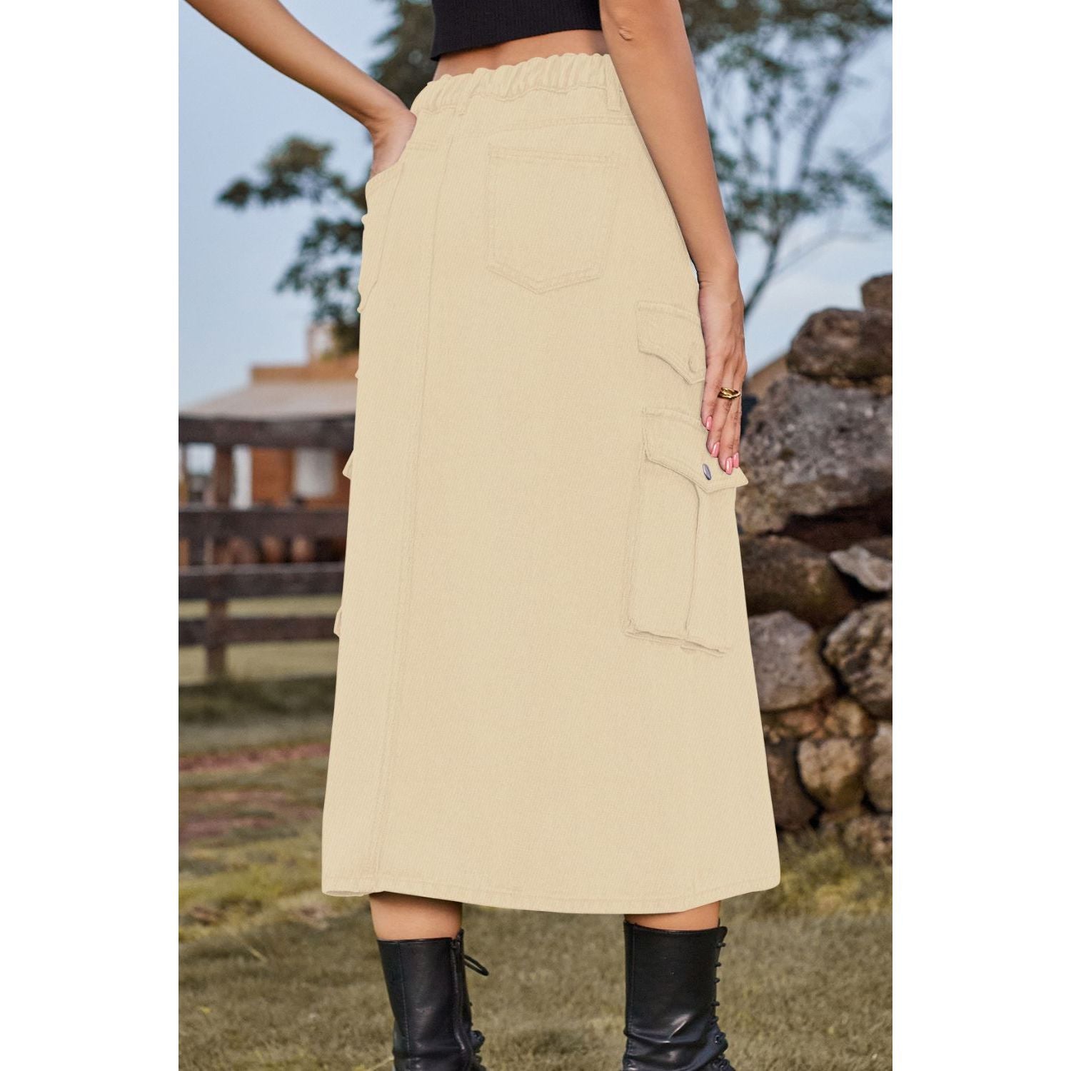 Slit Front Midi Denim Skirt with Pockets - TiffanyzKlozet