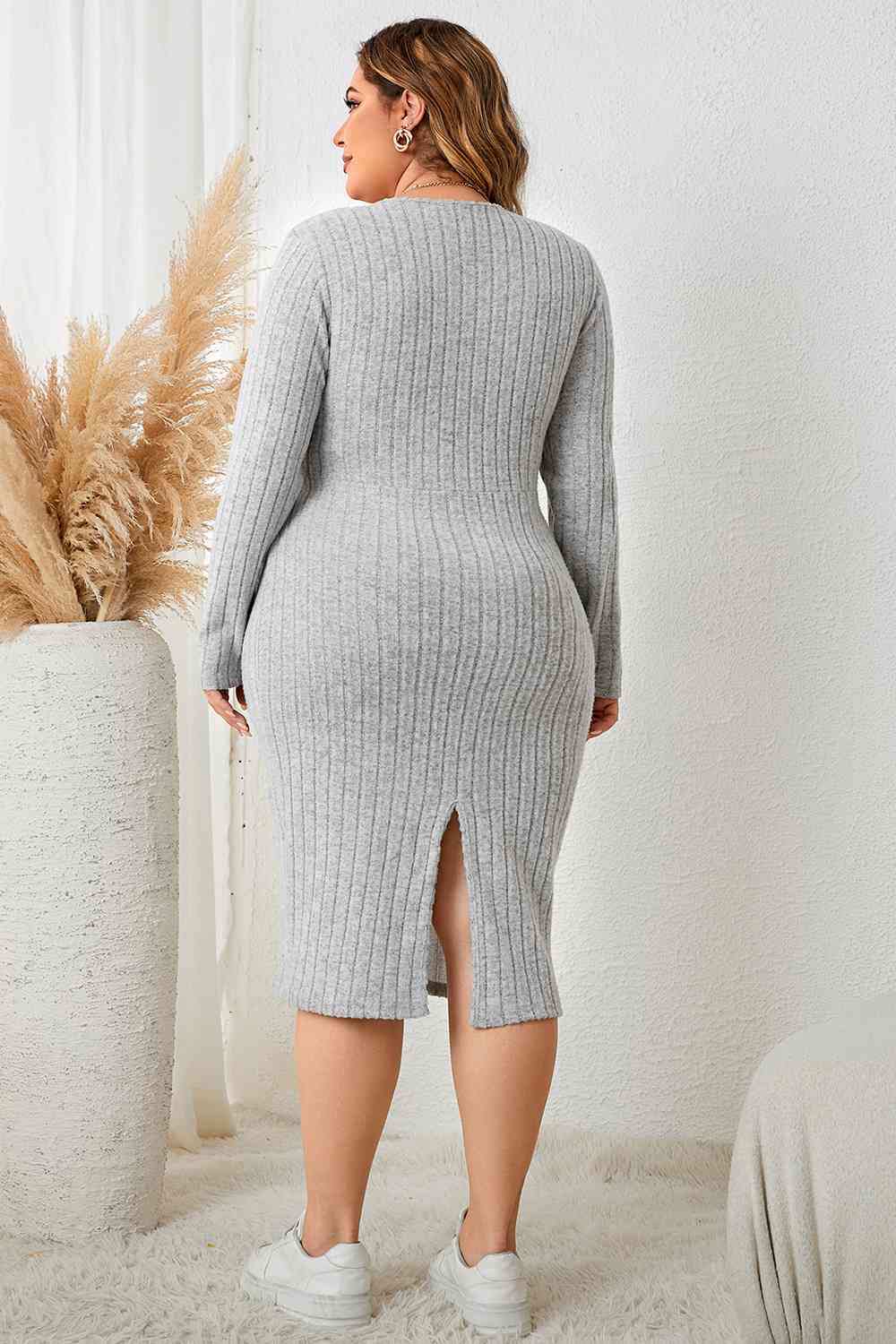 Plus Size Surplice Neck Long Sleeve Slit Dress - TiffanyzKlozet