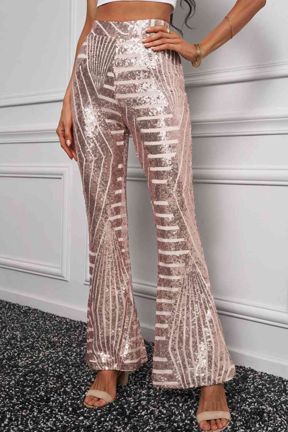 Double Take Sequin High Waist Flared Pants - TiffanyzKlozet