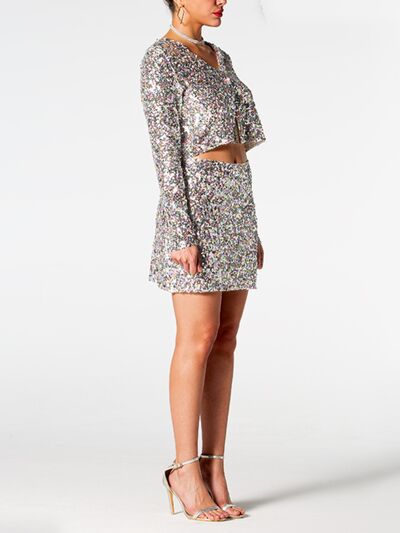 Sequin V-Neck Top and Mini Skirt Set - TiffanyzKlozet