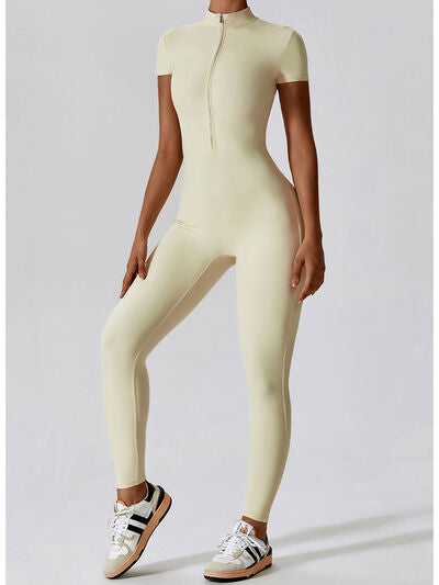Half Zip Short Sleeve Active Jumpsuit - TiffanyzKlozet