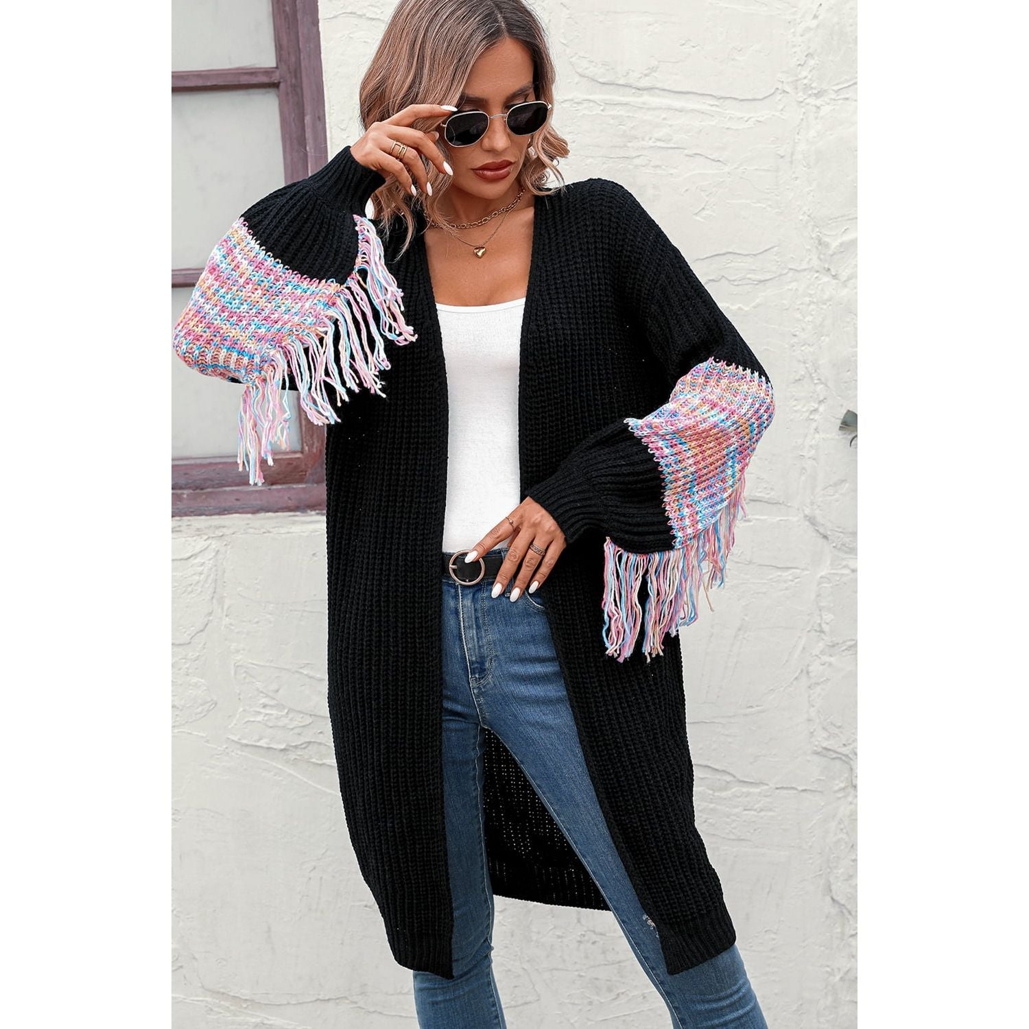 Fringe Sleeve Dropped Shoulder Cardigan - TiffanyzKlozet