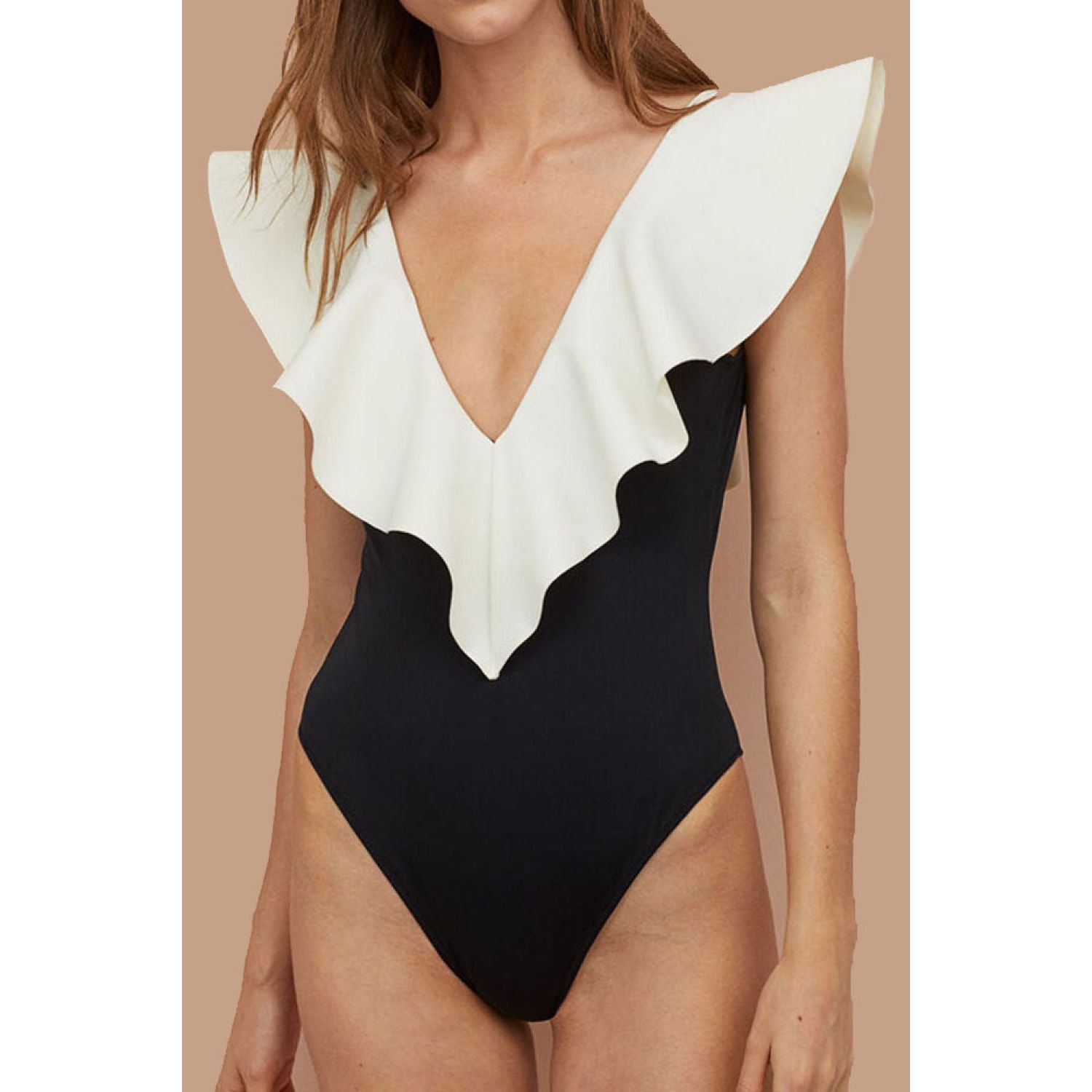 Two-Tone Ruffled Plunge One-Piece Swimsuit - TiffanyzKlozet